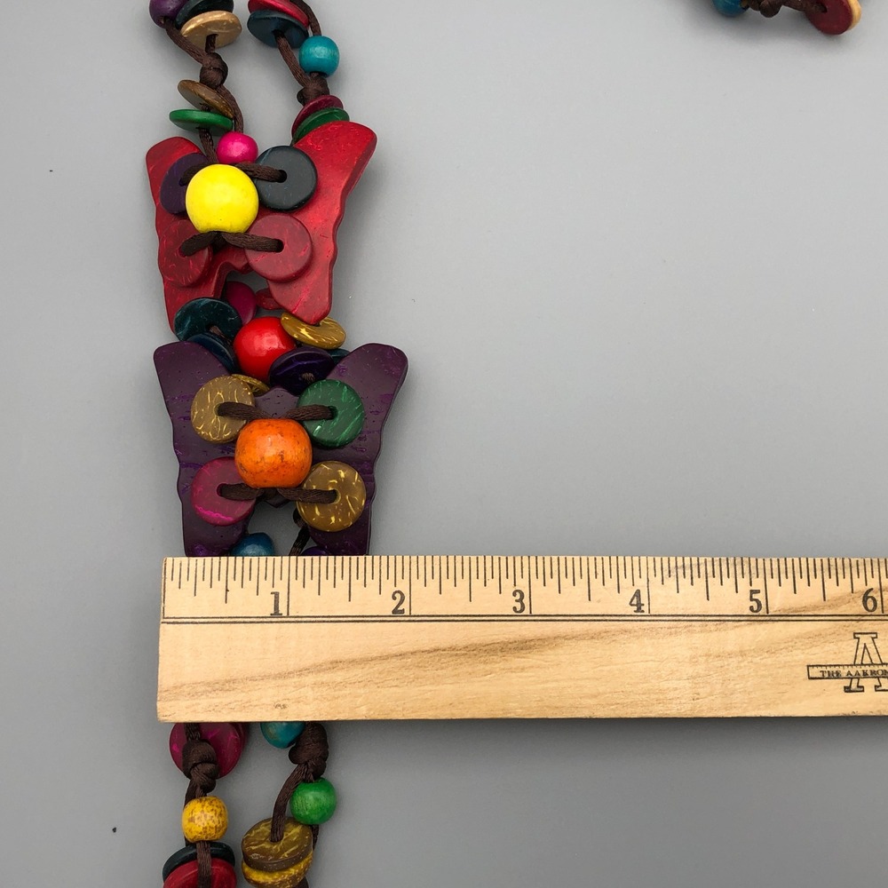 Vintage Multicolor Butterfly Tassel Necklace 30" Coconut Bead Boho Layering Cord - Picture 8 of 10